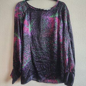 Scilla By Dora Landa Womens Satin Blouse Top Vivid Print 100% Silk Black Size L